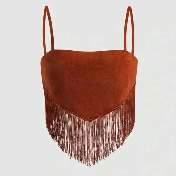 Cider Sold Tassel Cami Cropped Brown Spaghetti Strap Tank Top Women’s Size Small - Picture 1 of 6